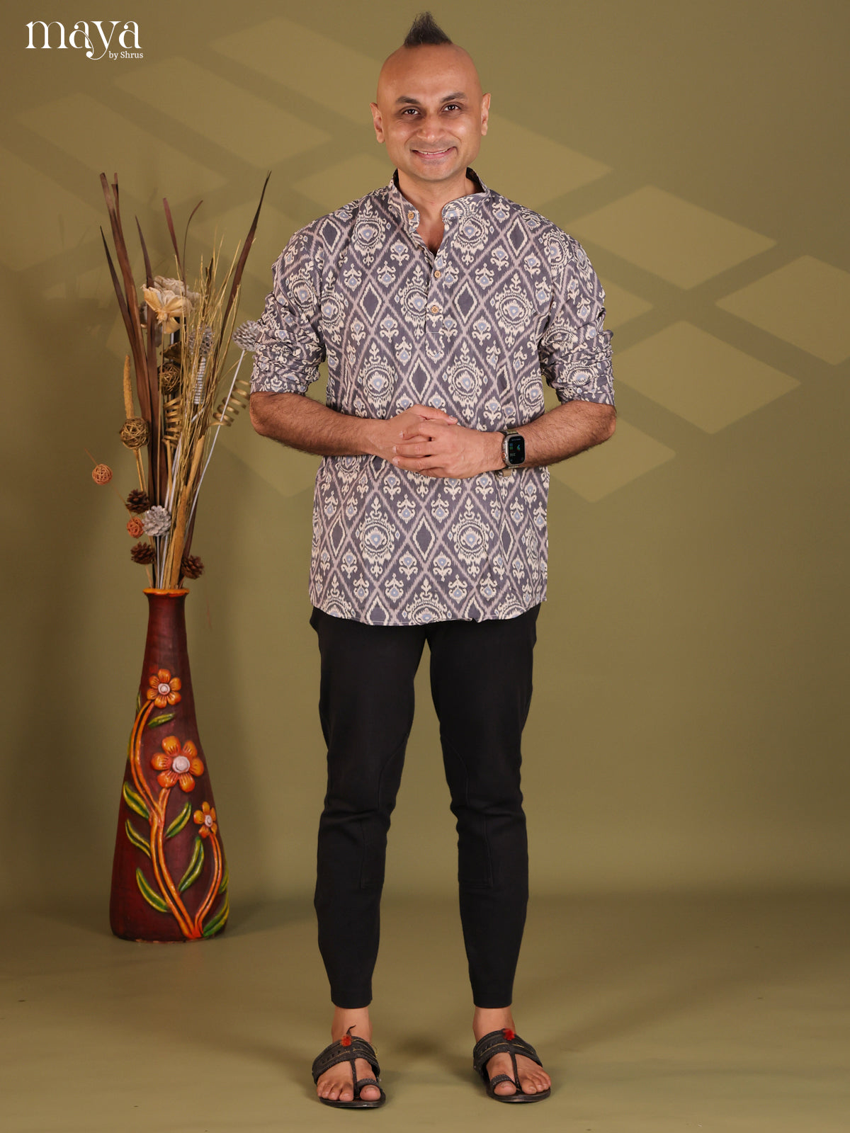 Grey Cotton Ikat Print Short Men Kurta