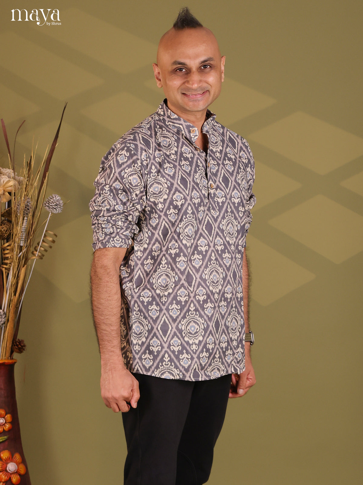 Grey Cotton Ikat Print Short Men Kurta