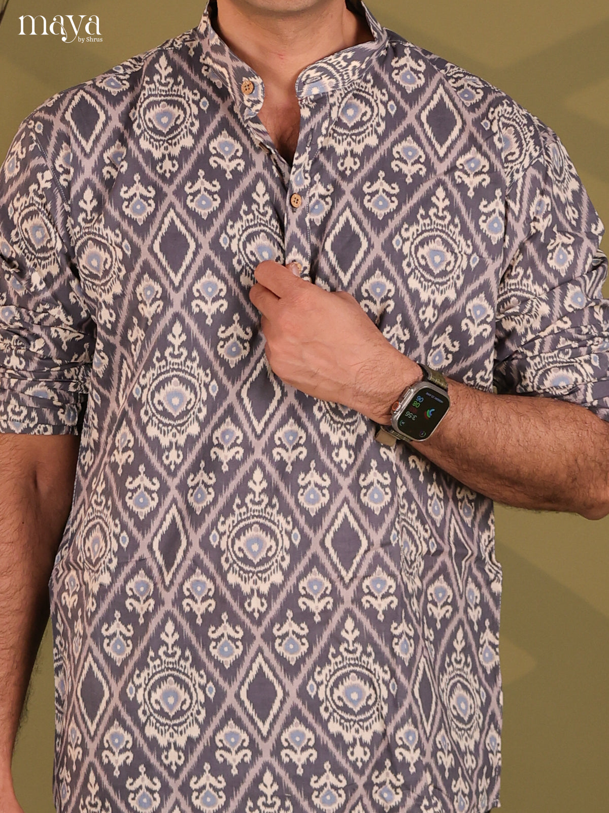 Grey Cotton Ikat Print Short Men Kurta