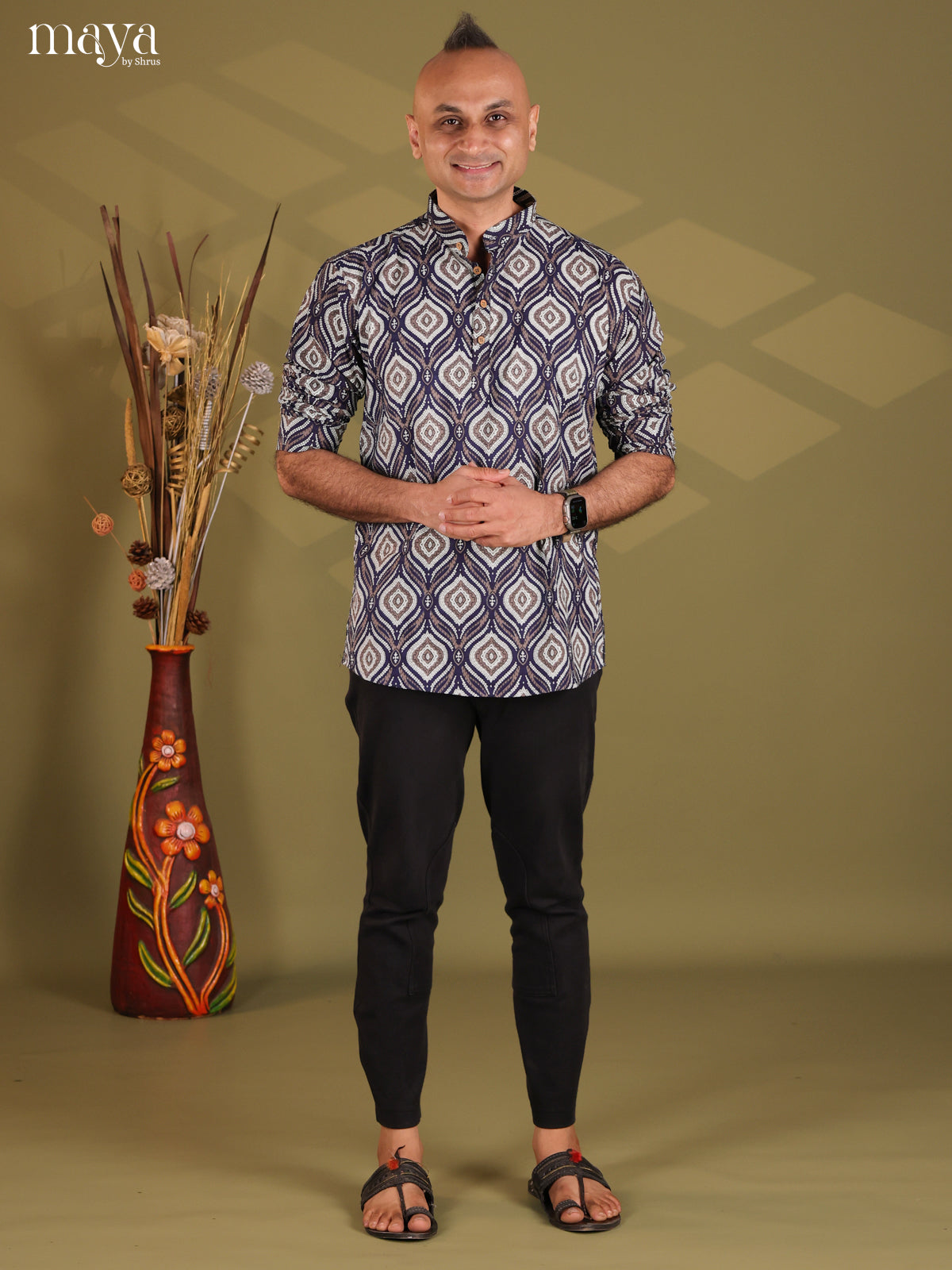 Navy Blue Cotton Printed Short Men Kurta
