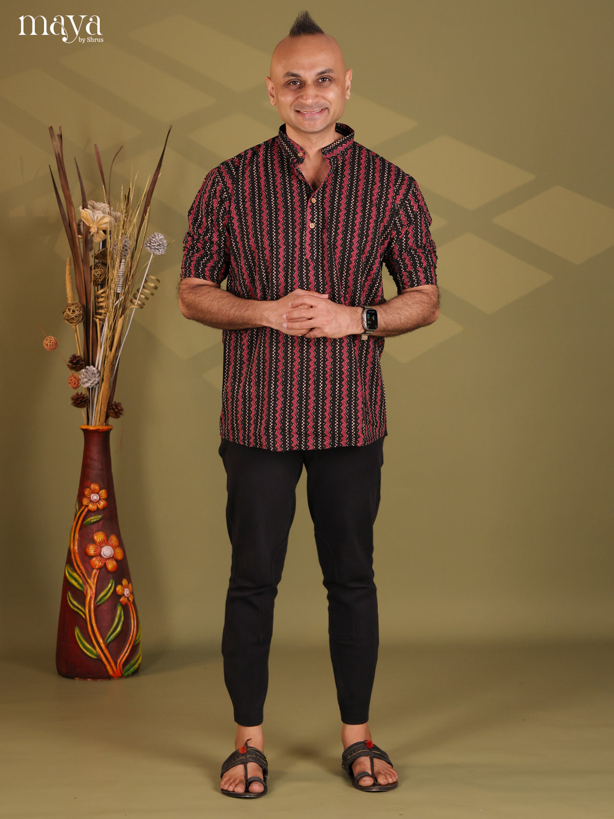 Balck with Maroon Cotton Printed Short Men Kurta