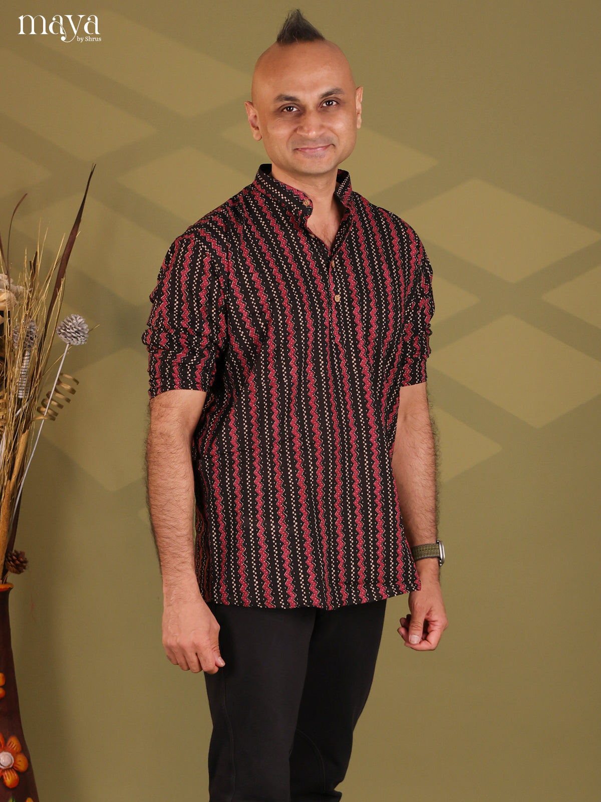 Balck with Maroon Cotton Printed Short Men Kurta