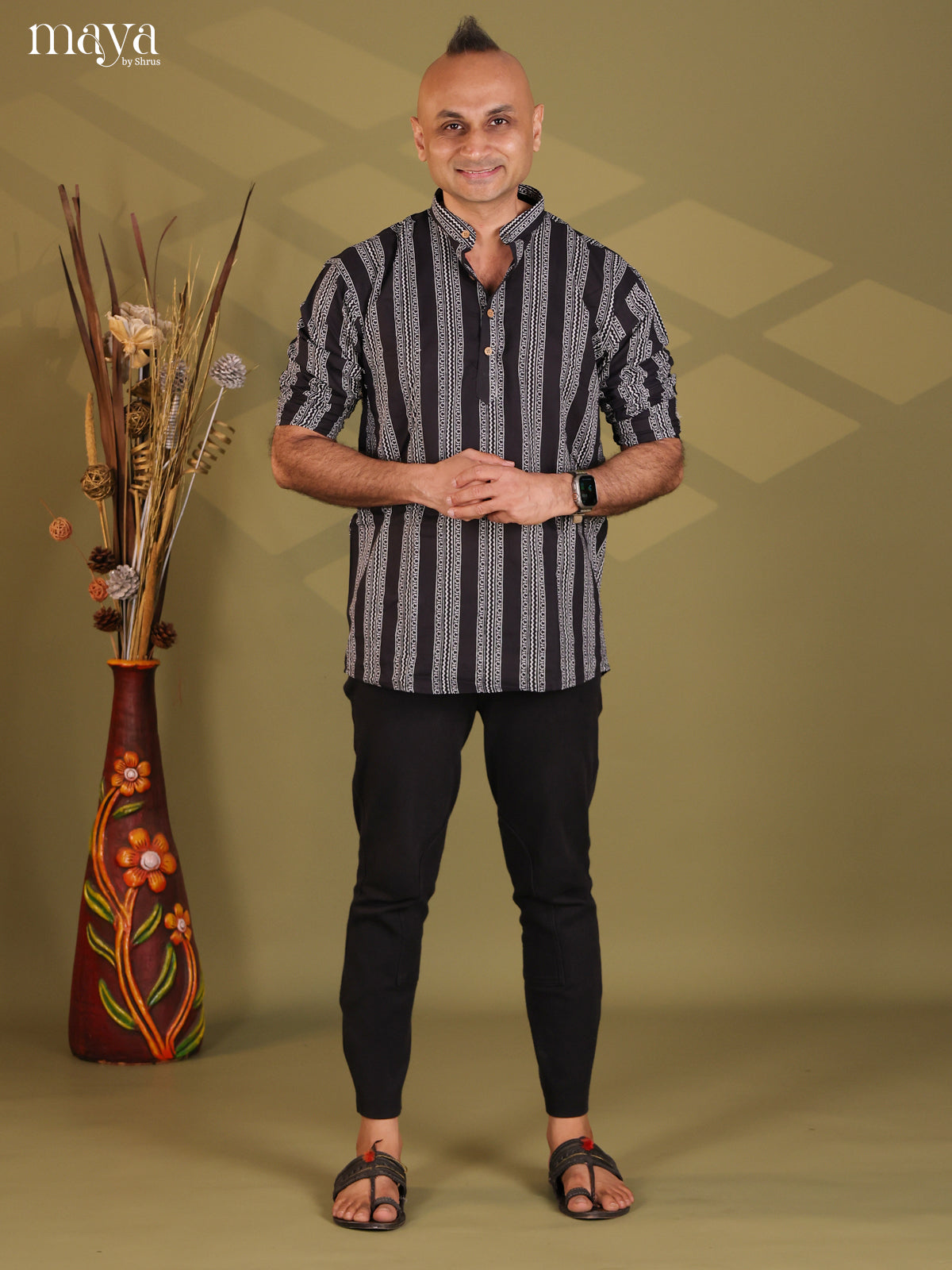 Black Cotton Printed Short Men Kurta
