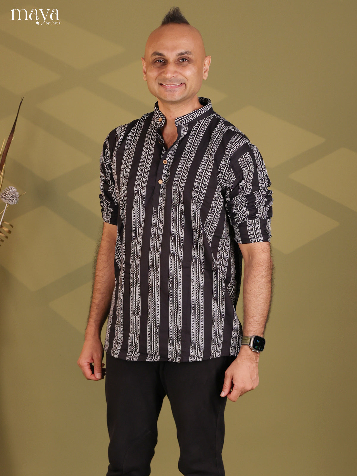 Black Cotton Printed Short Men Kurta