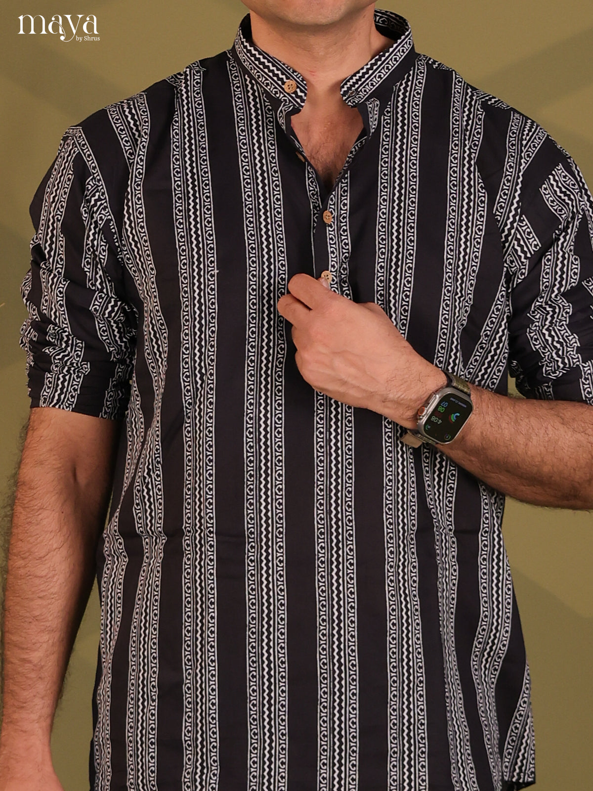 Black Cotton Printed Short Men Kurta