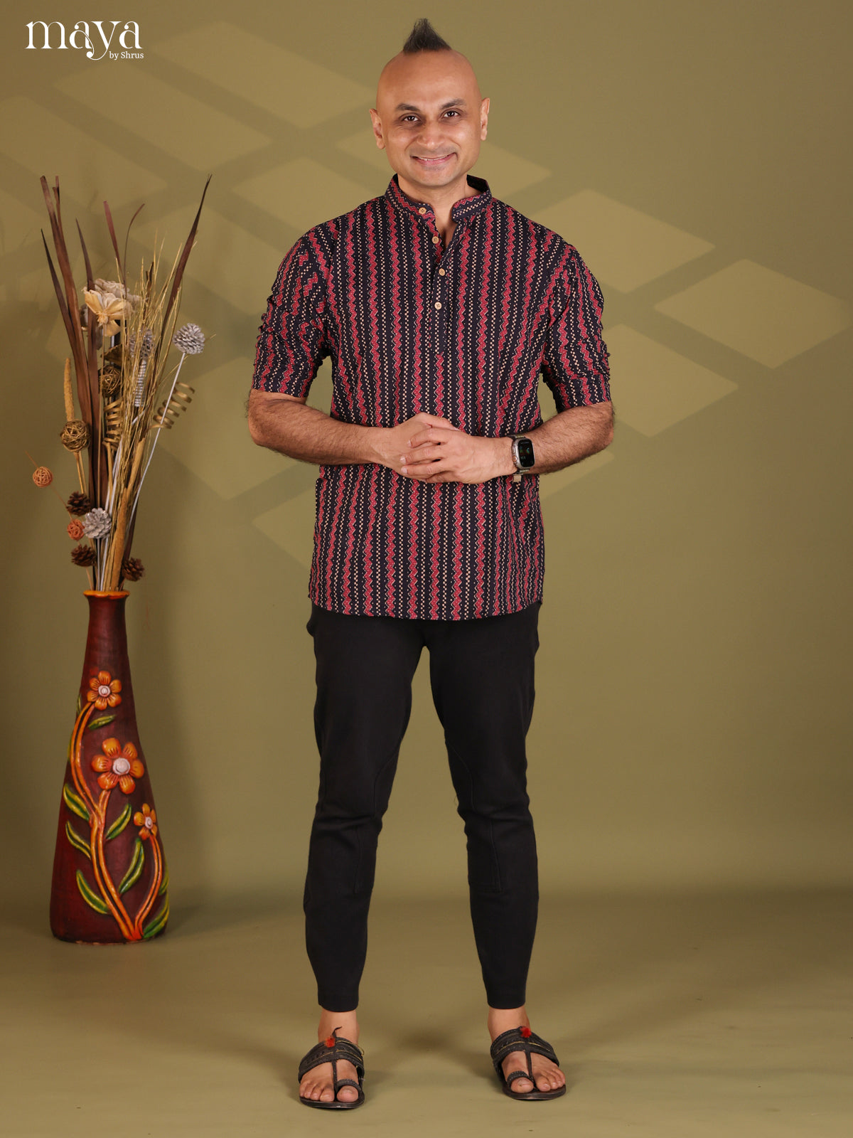 Black with Maroon Cotton Printed Short Men Kurta