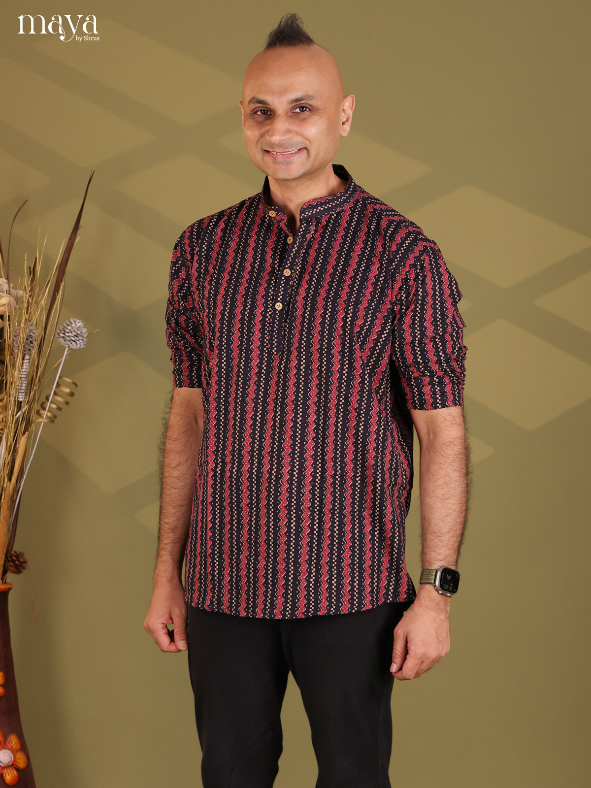 Black with Maroon Cotton Printed Short Men Kurta