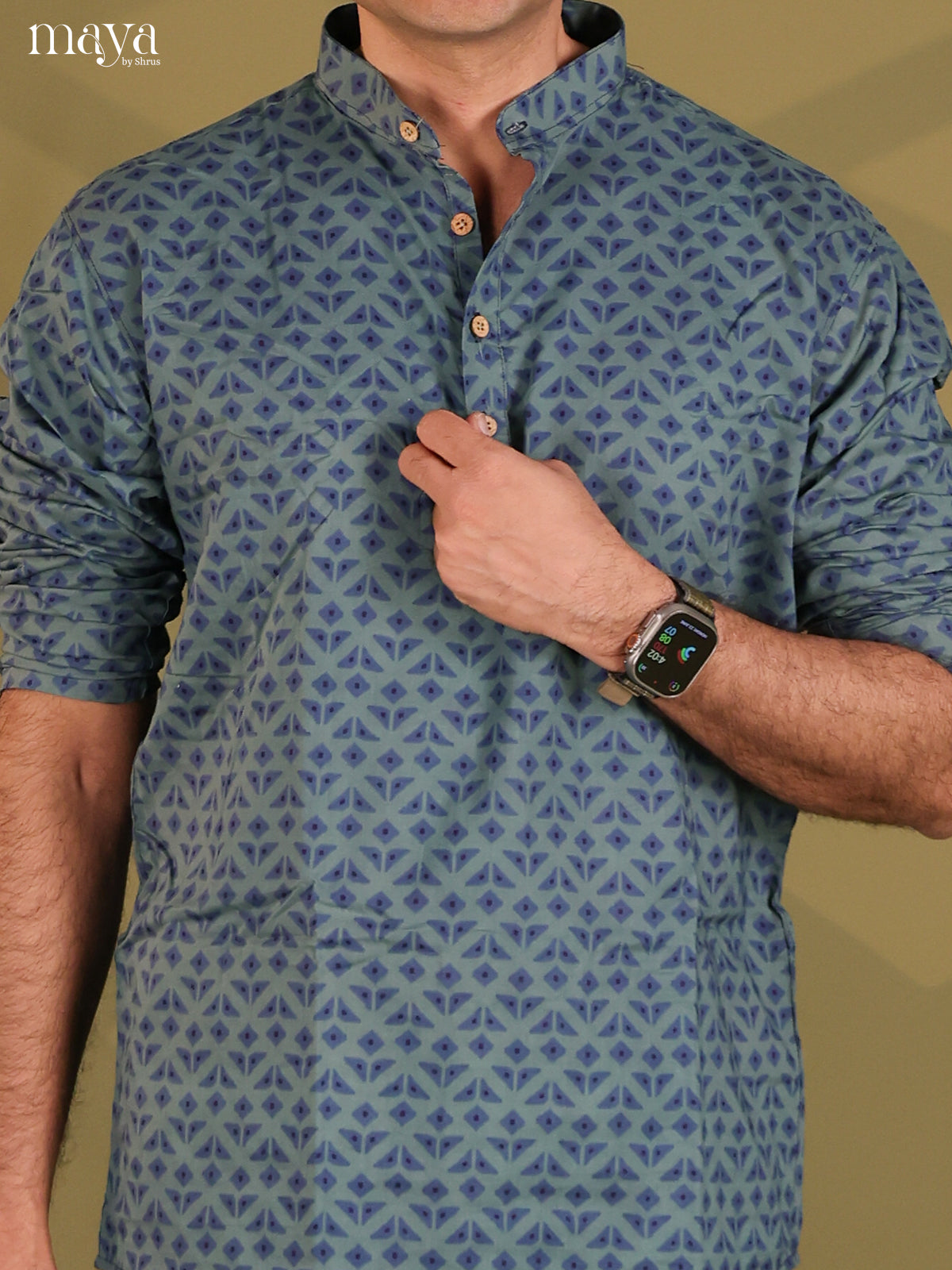 Blue Cotton Printed Short Men Kurta