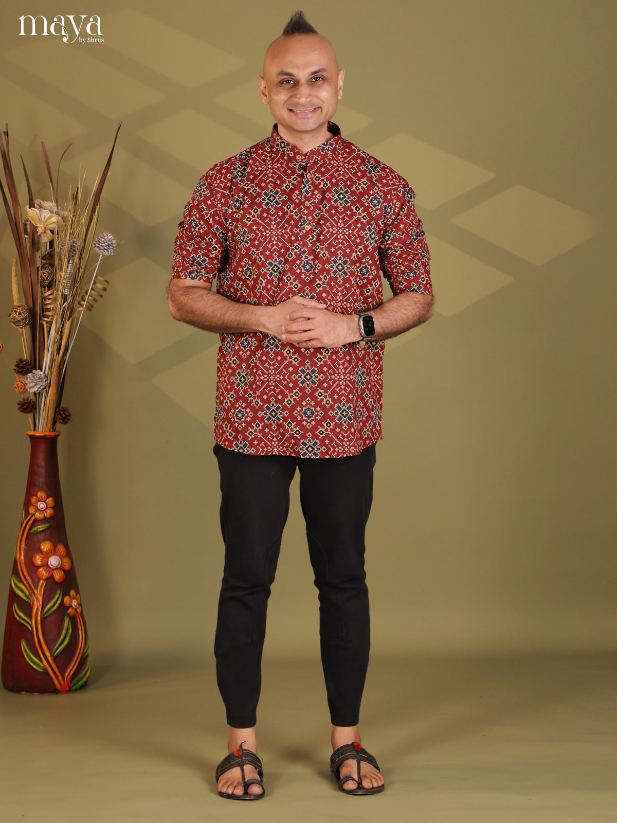 Maroon Cotton Ikat Print Short Men Kurta