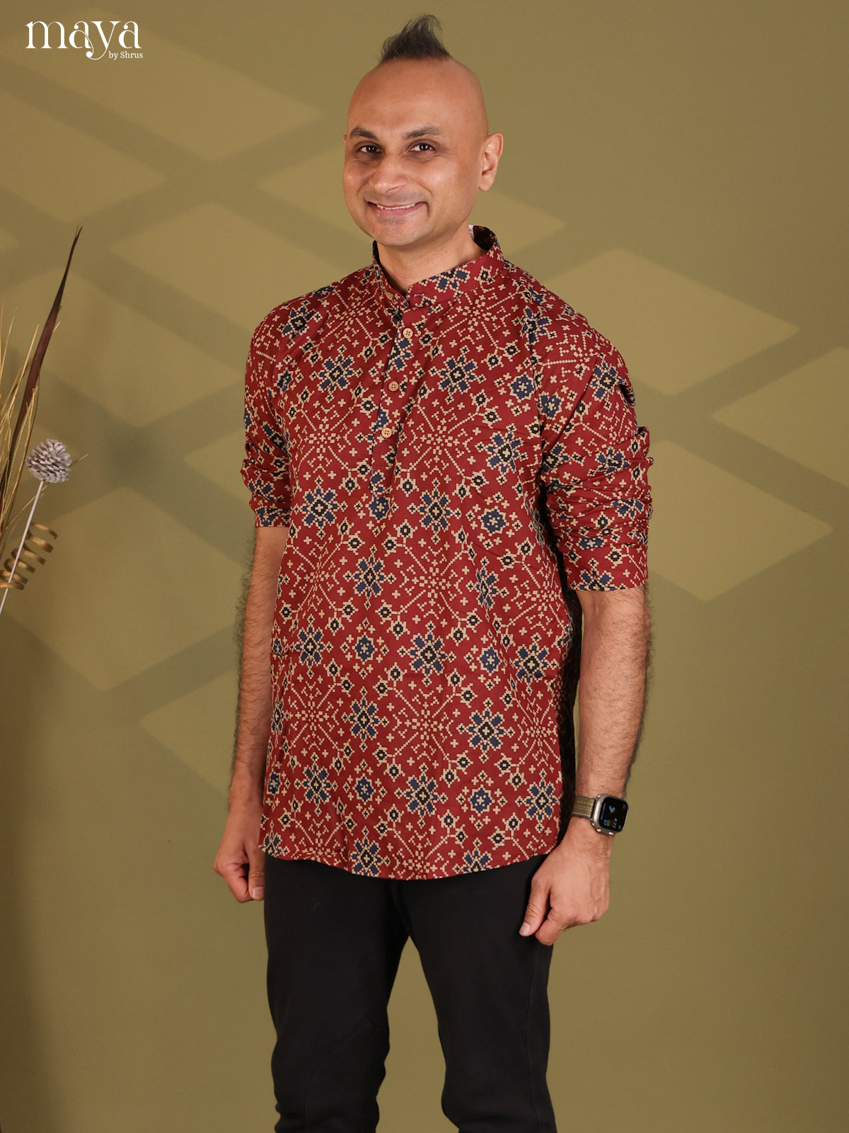 Maroon Cotton Ikat Print Short Men Kurta