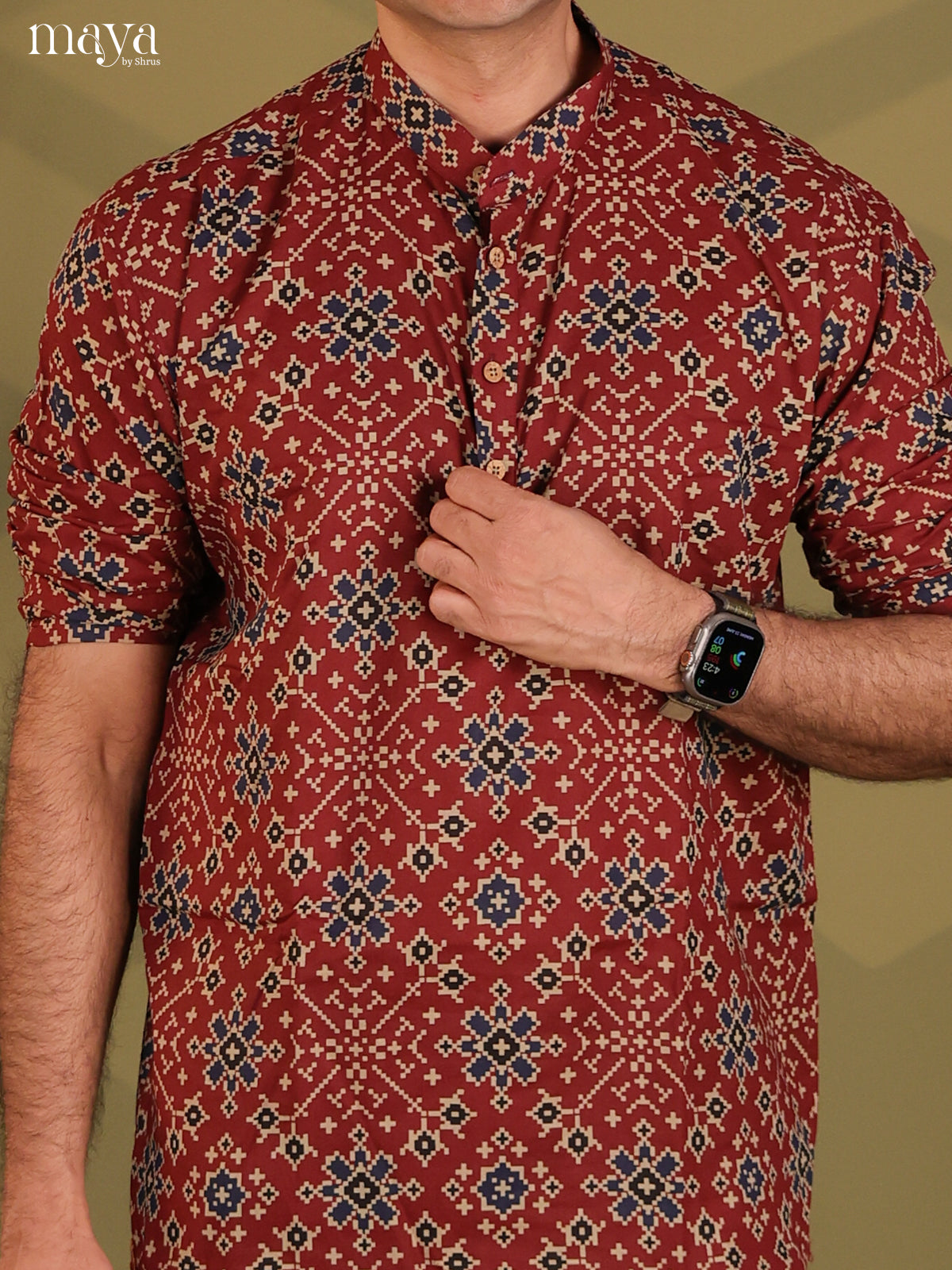 Maroon Cotton Ikat Print Short Men Kurta