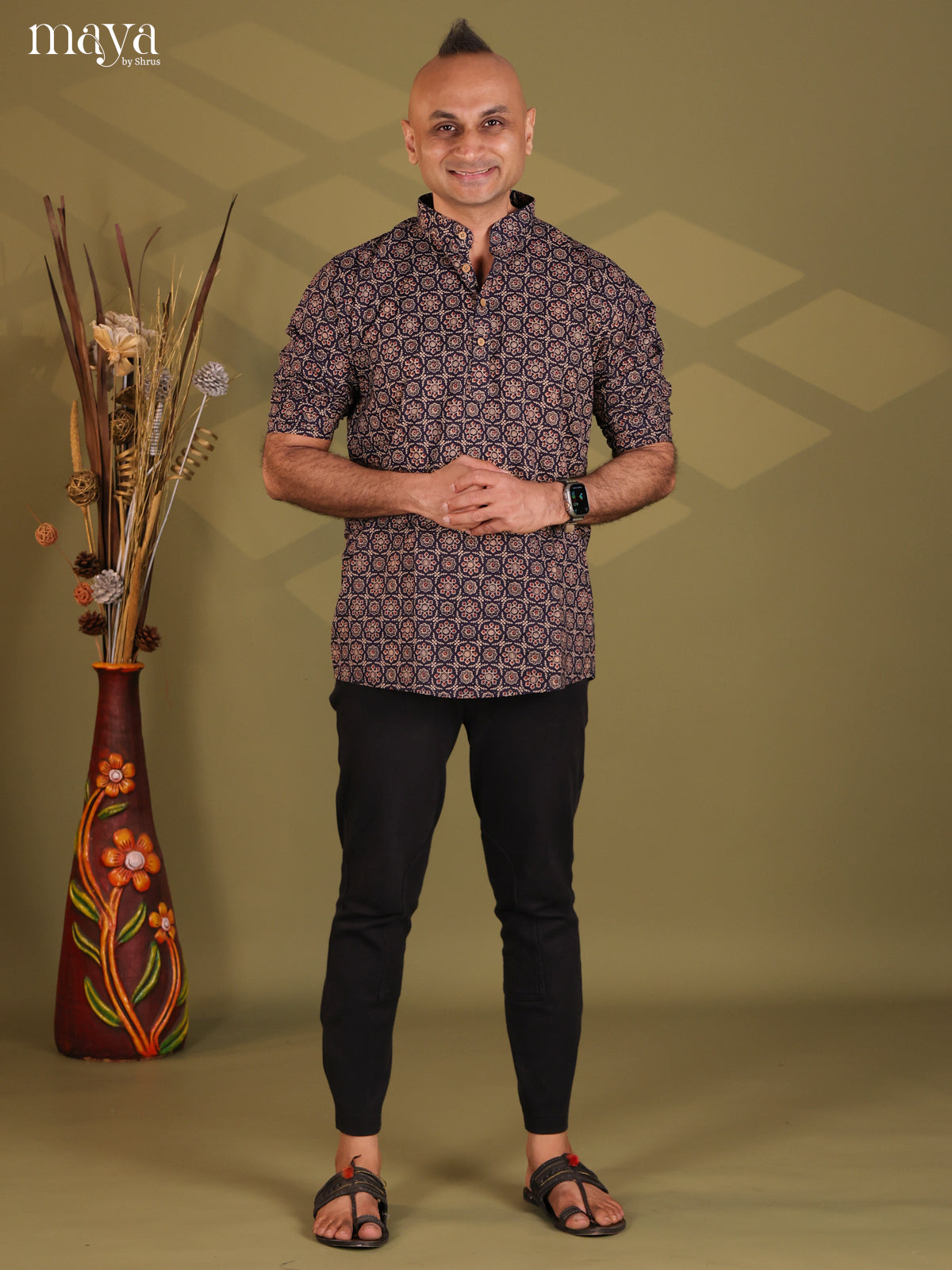 Navy Blue Cotton Floral Print Short Men Kurta