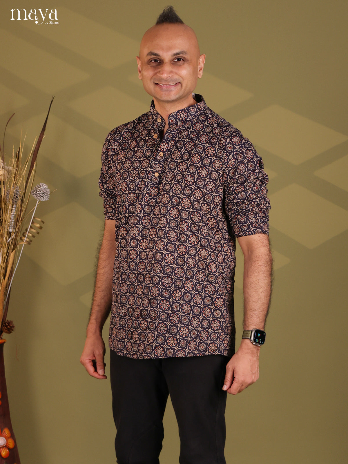 Navy Blue Cotton Floral Print Short Men Kurta