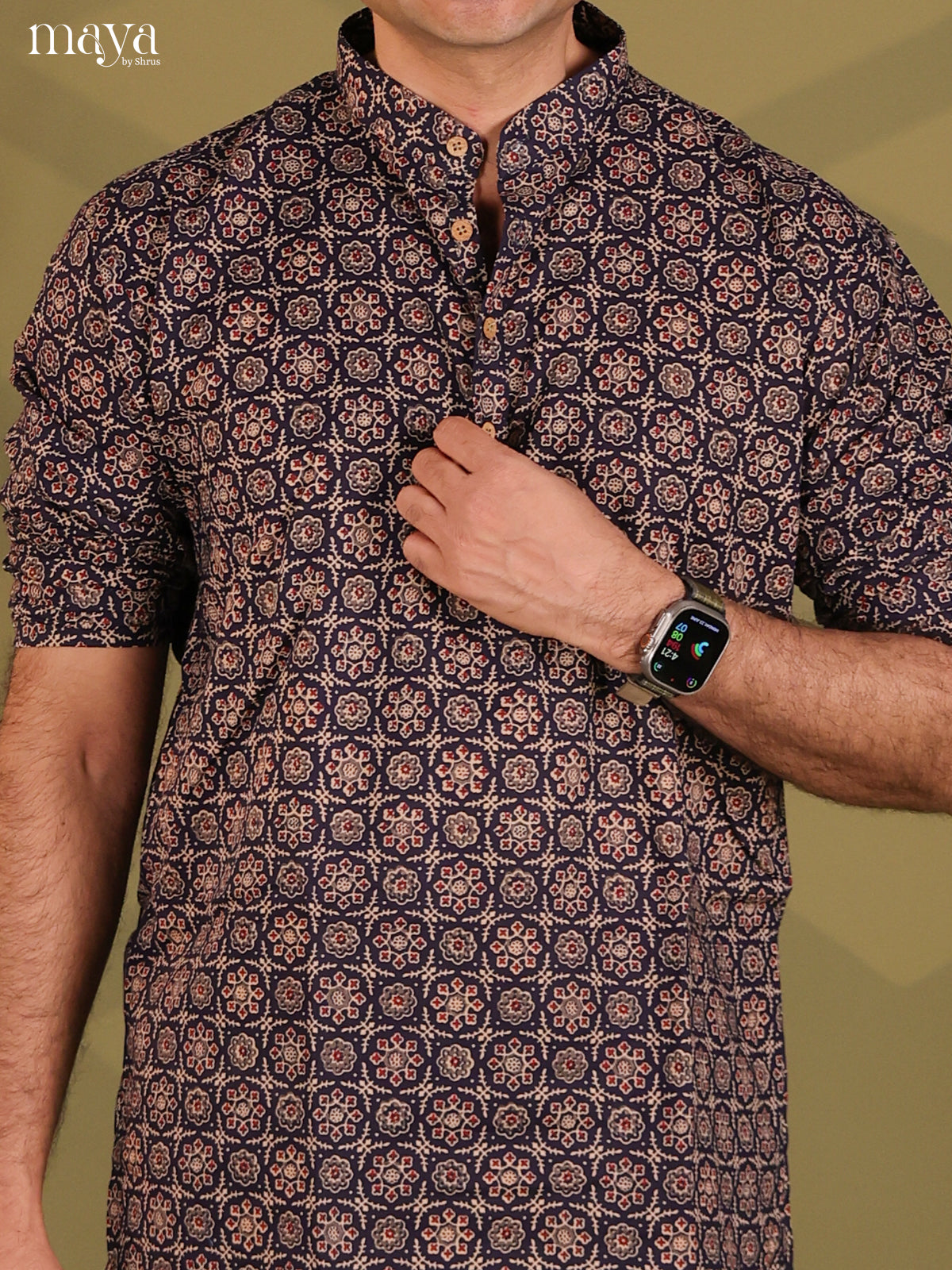 Navy Blue Cotton Floral Print Short Men Kurta