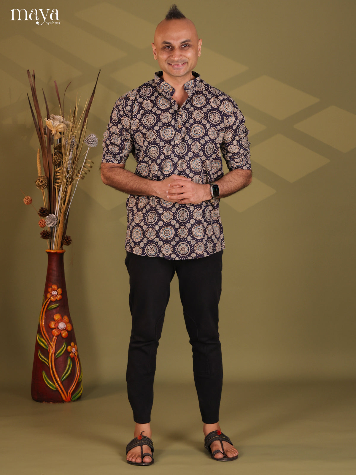 Black Cotton Ajrakh Print Short Men Kurta