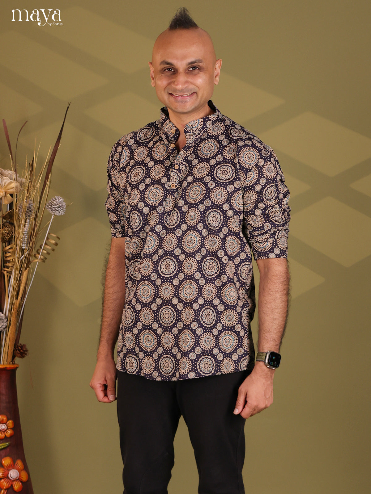 Black Cotton Ajrakh Print Short Men Kurta