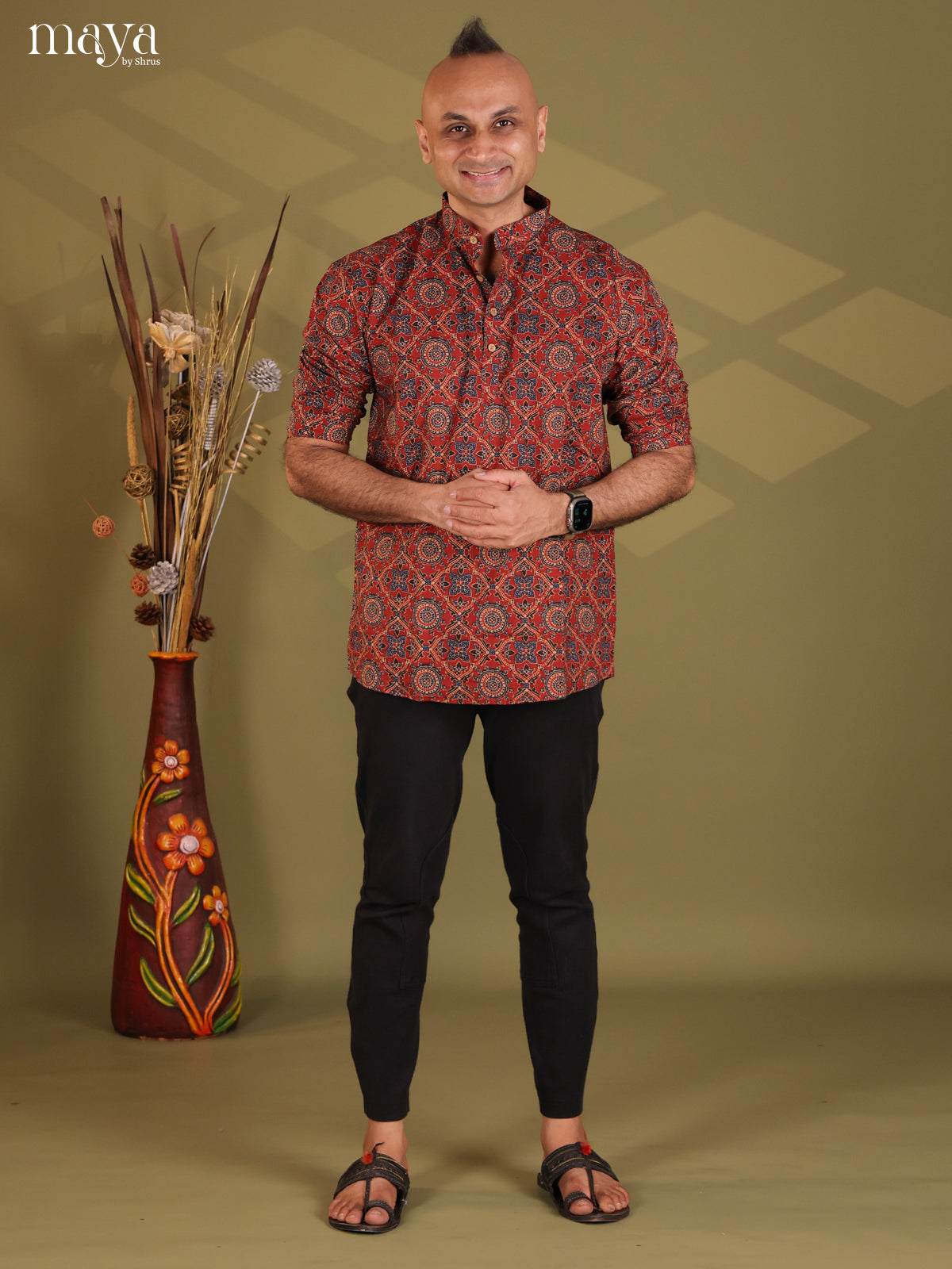 Maroon Cotton Ajrakh Print Short Men Kurta