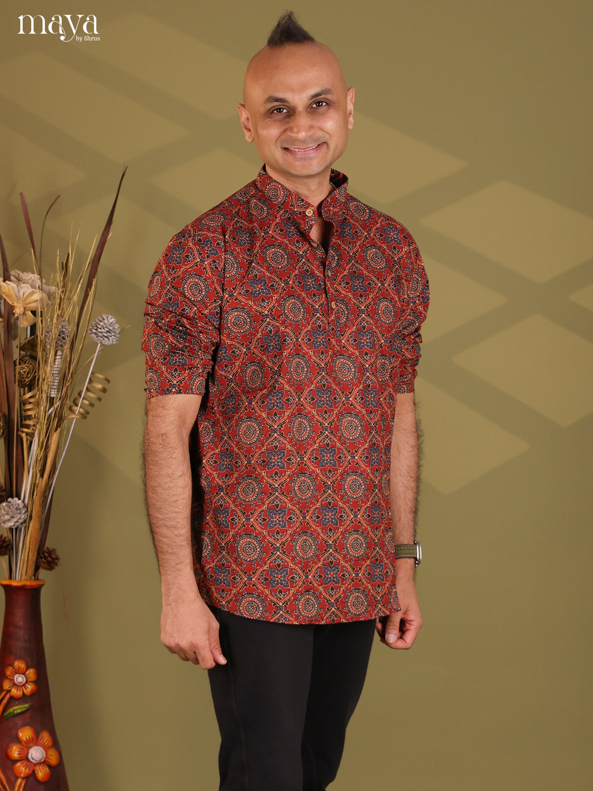 Maroon Cotton Ajrakh Print Short Men Kurta