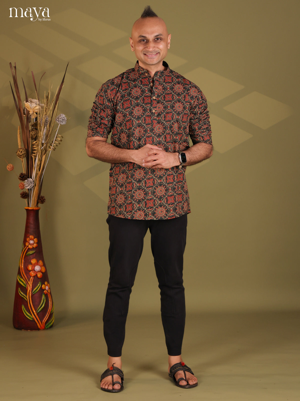 Black with Maroon Cotton Ajrakh Print Short Men Kurta