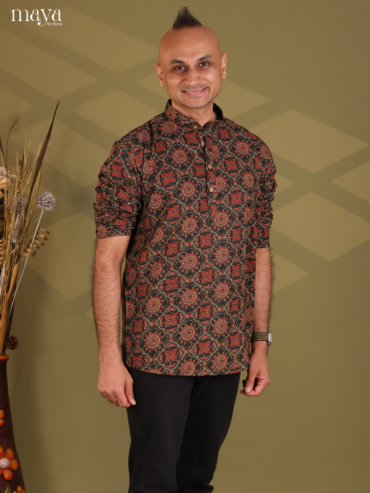 Black with Maroon Cotton Ajrakh Print Short Men Kurta