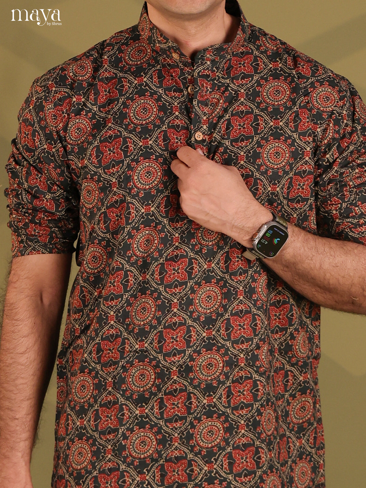 Black with Maroon Cotton Ajrakh Print Short Men Kurta