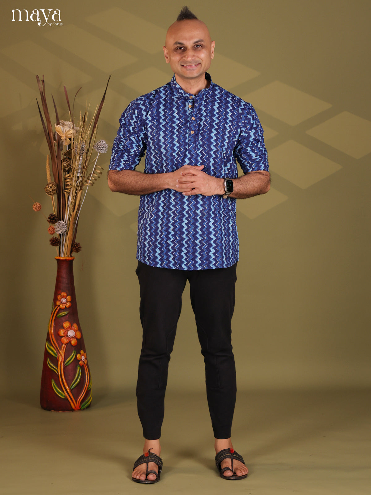 Indigo Blue Cotton Block Print Short Men Kurta