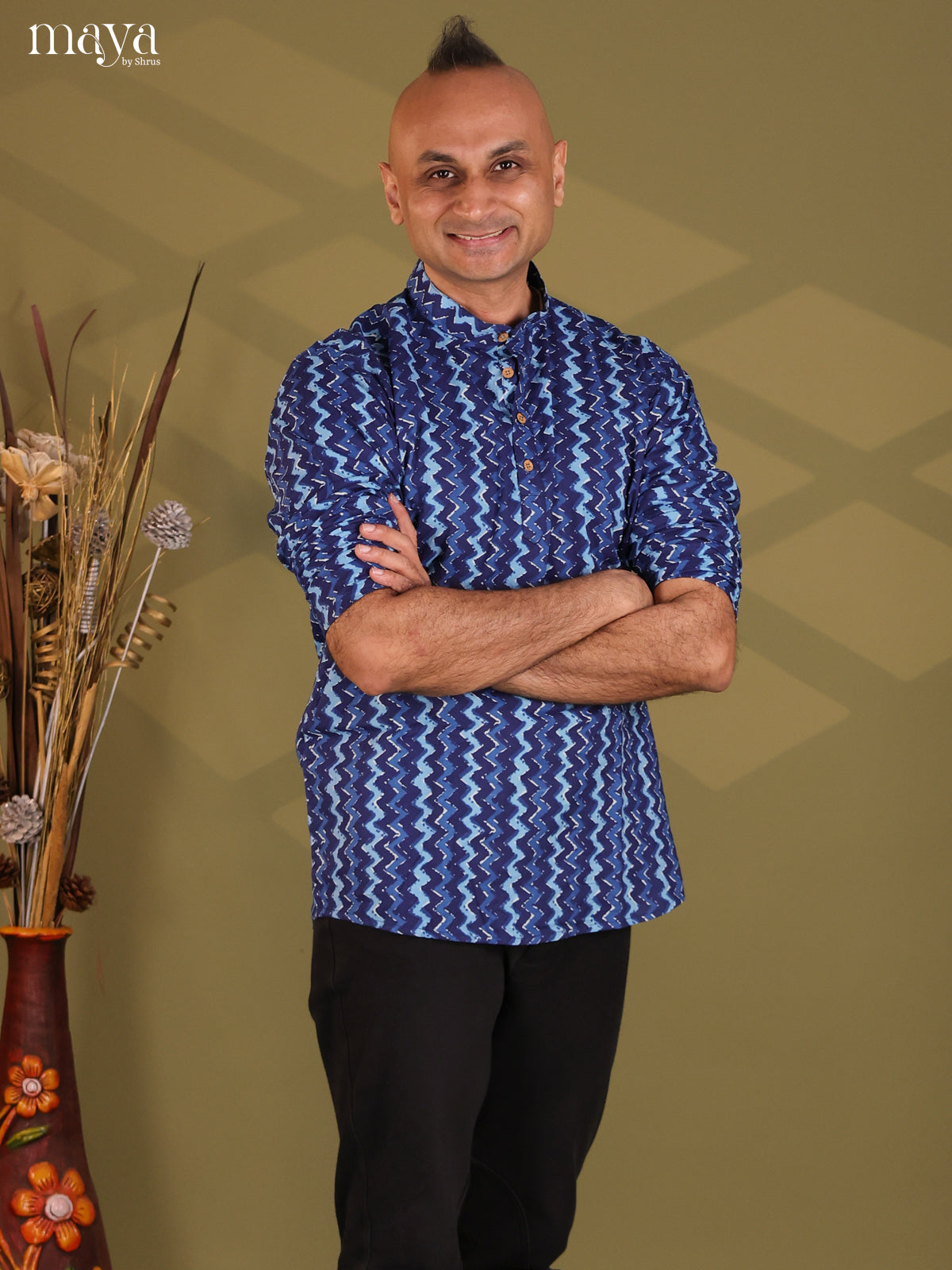 Indigo Blue Cotton Block Print Short Men Kurta