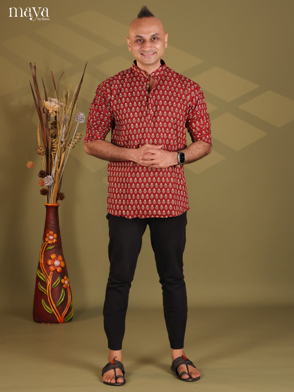 Maroon Cotton Floral Print Short Men Kurta