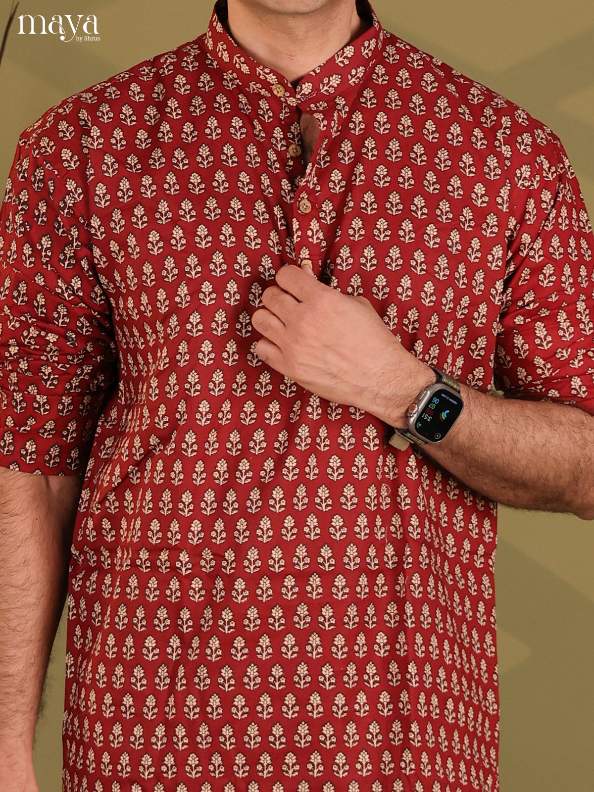Maroon Cotton Floral Print Short Men Kurta