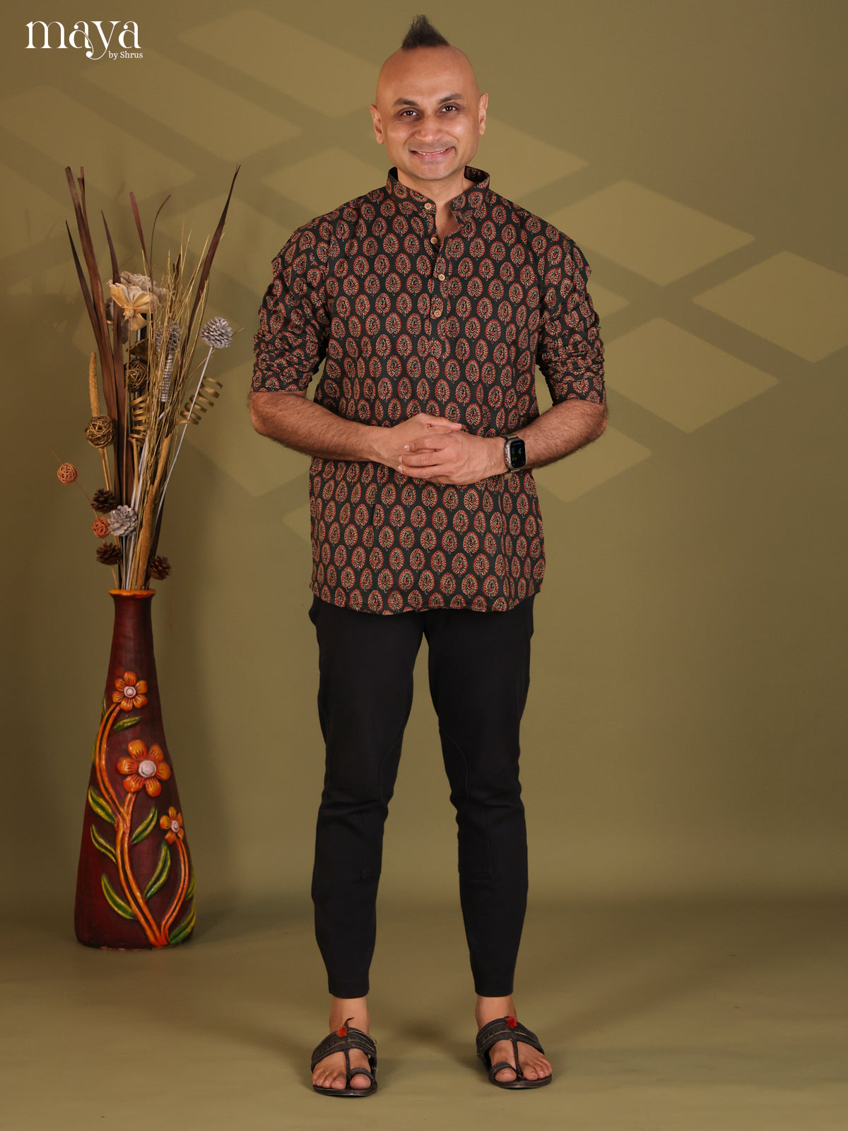 Black Cotton Printed Short Men Kurta