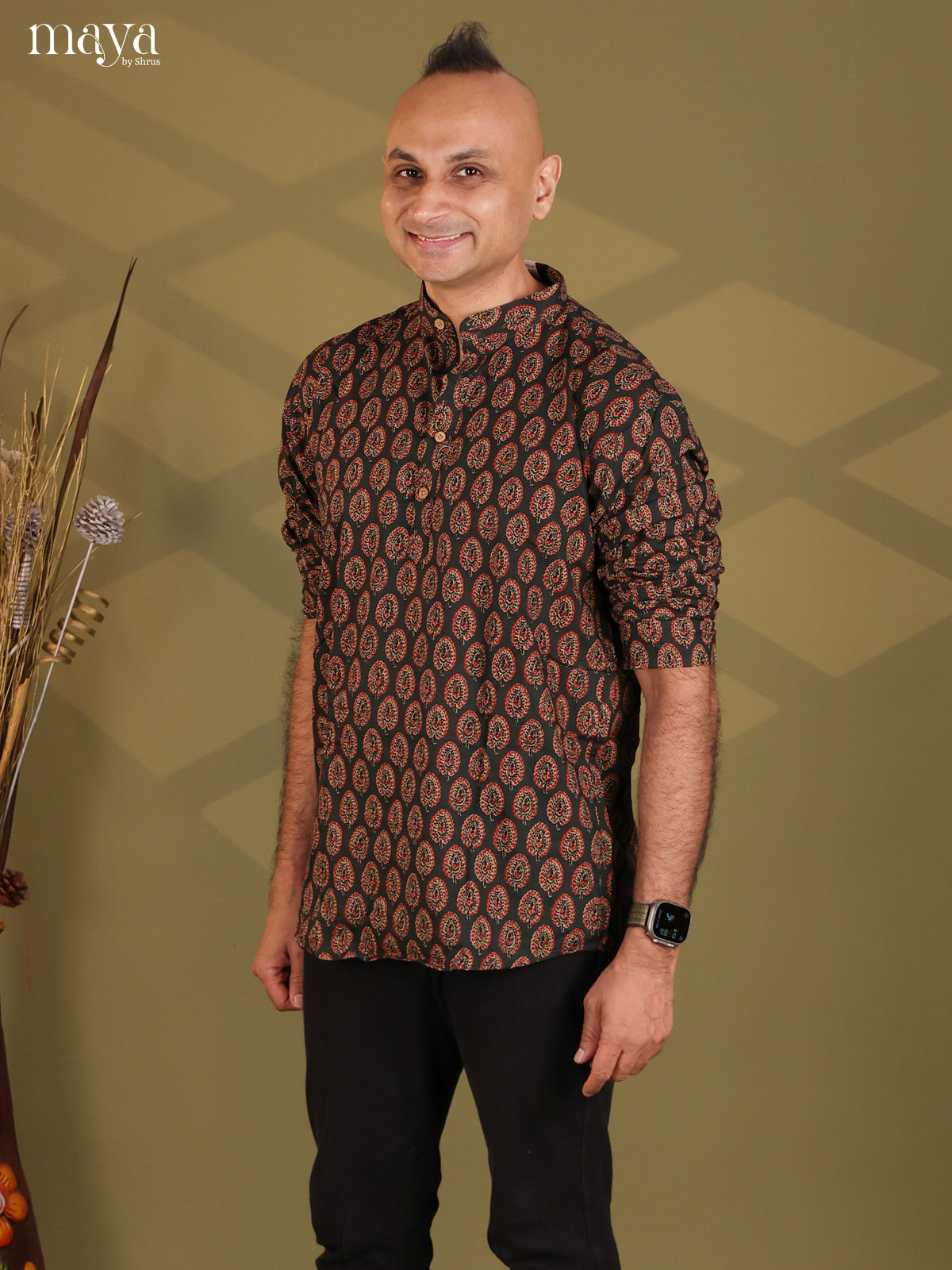 Black Cotton Printed Short Men Kurta