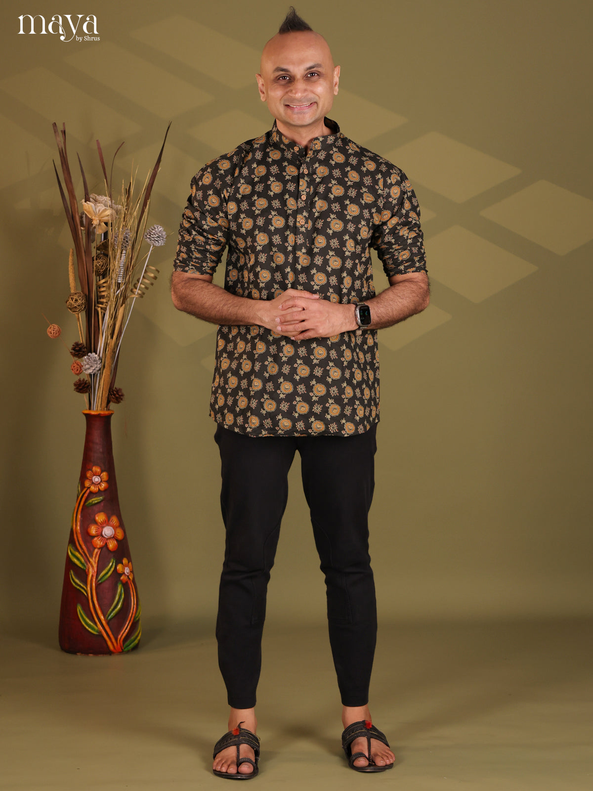 Black Cotton Printed Short Men Kurta