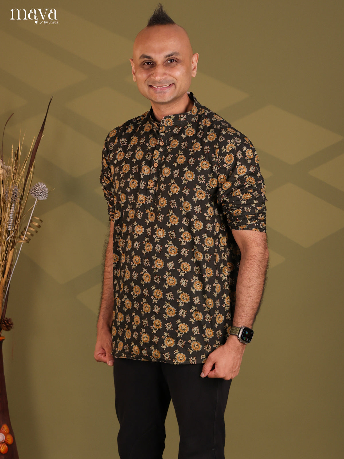 Black Cotton Printed Short Men Kurta