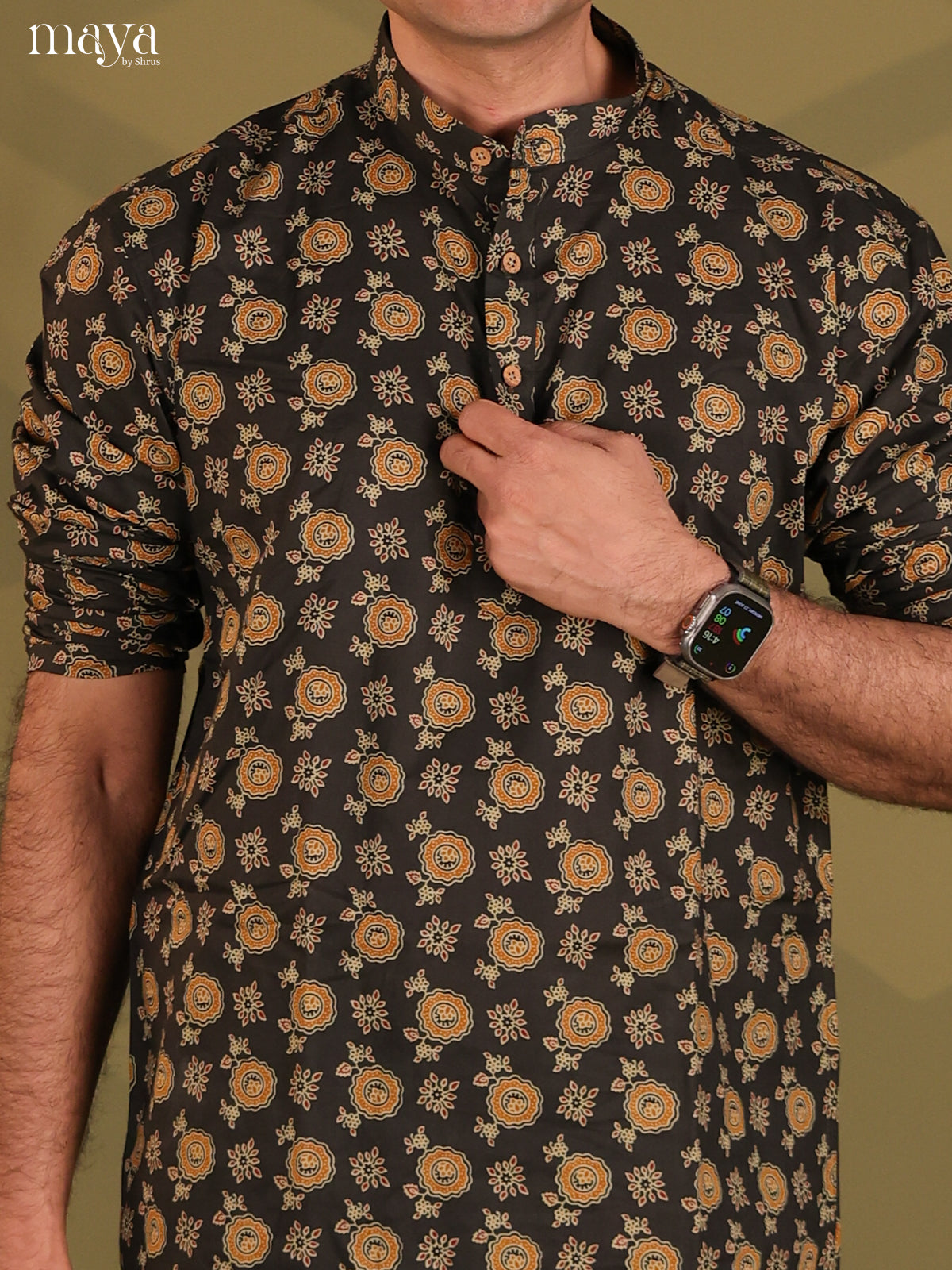 Black Cotton Printed Short Men Kurta