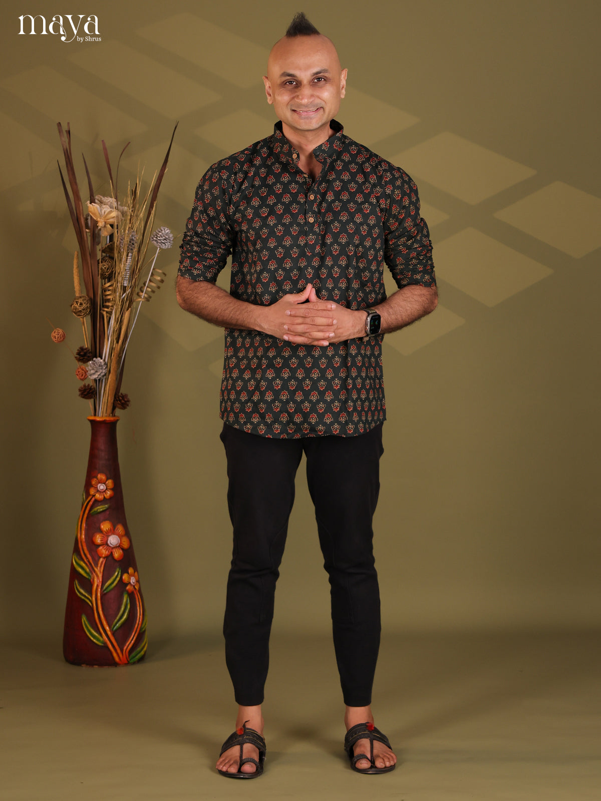 Black Cotton Floral Print Short Men Kurta