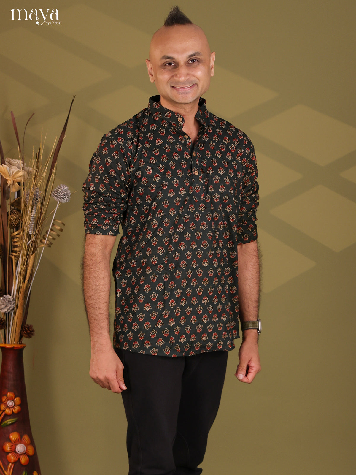 Black Cotton Floral Print Short Men Kurta