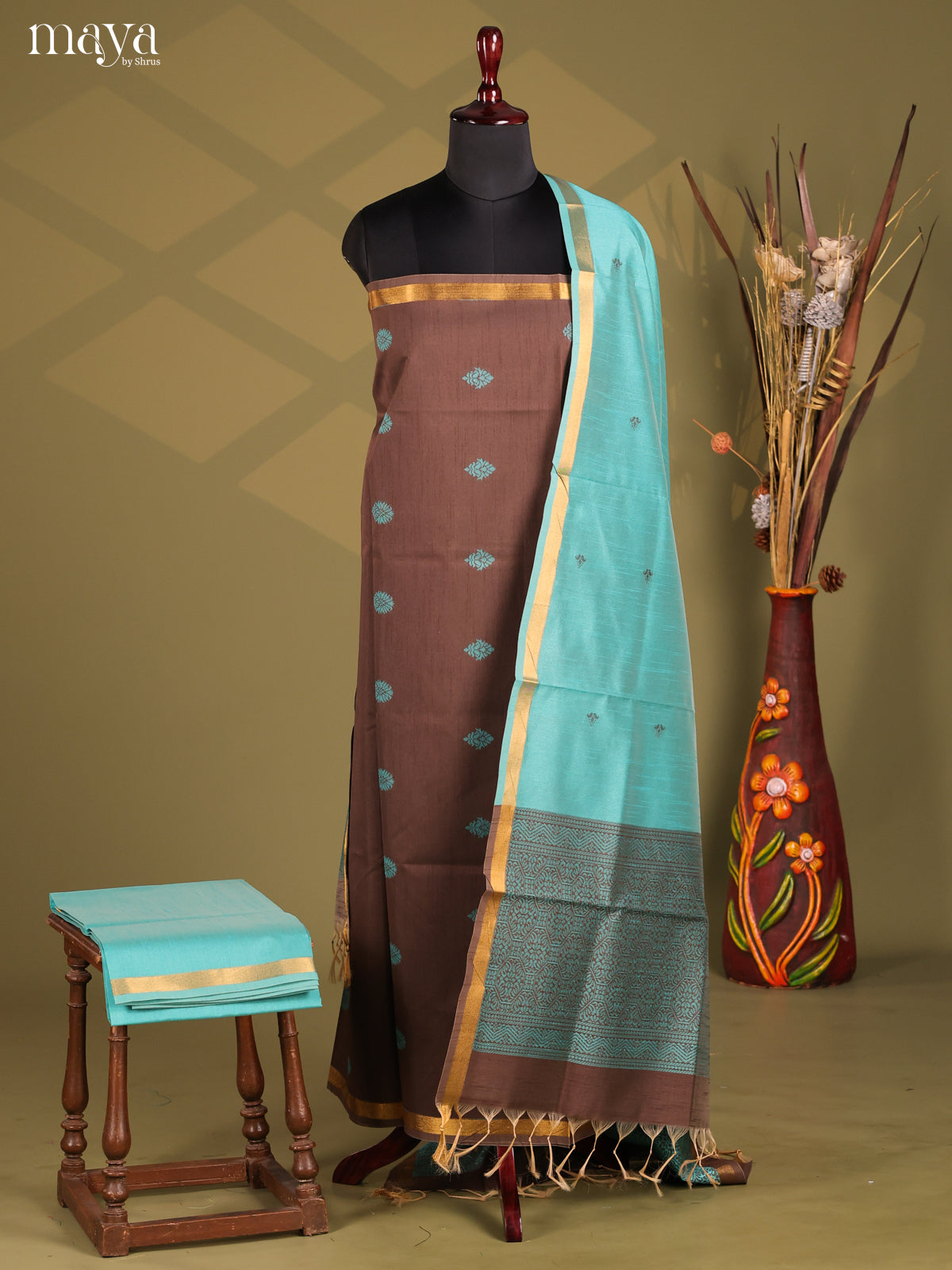 Brown & Blue - Semi rawsilk salwar