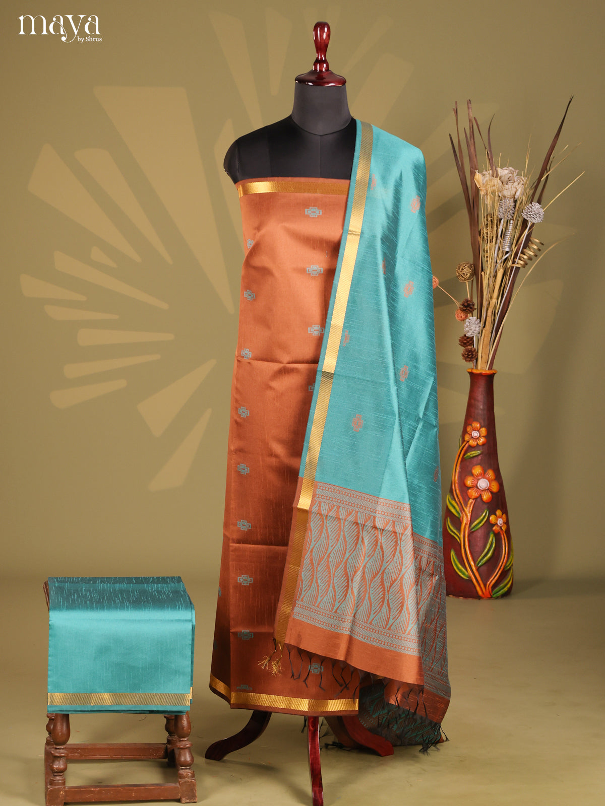 Brown & Teal - Semi rawsilk salwar