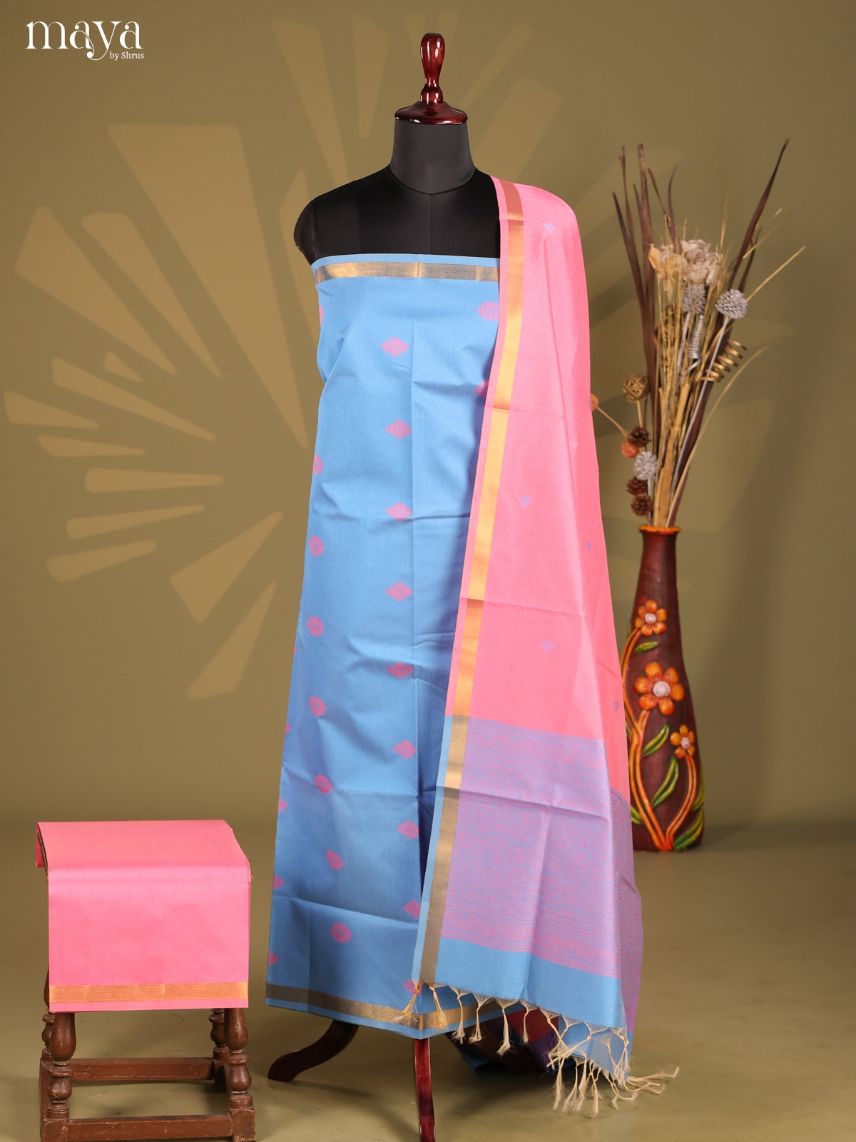 Blue & Pink - Semi rawsilk salwar