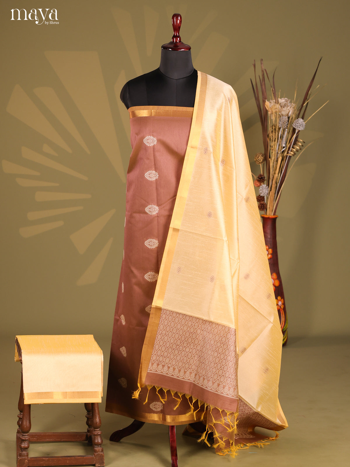 Brown & Cream- Semi rawsilk salwar