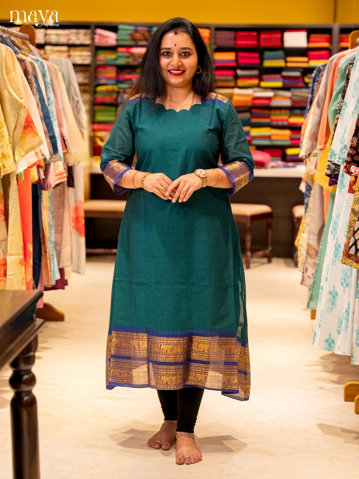 Peacock Green & Blue Chettinad Cotton Readymade Kurti