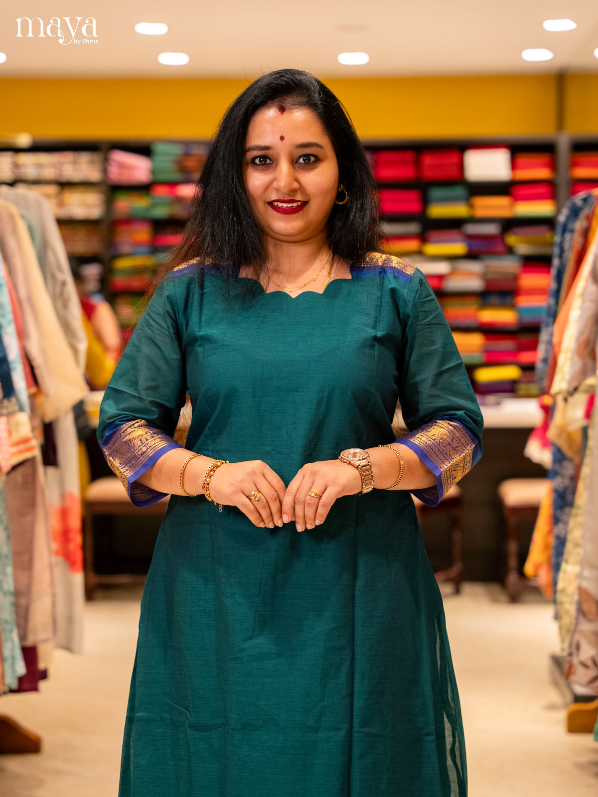 Peacock Green & Blue Chettinad Cotton Readymade Kurti