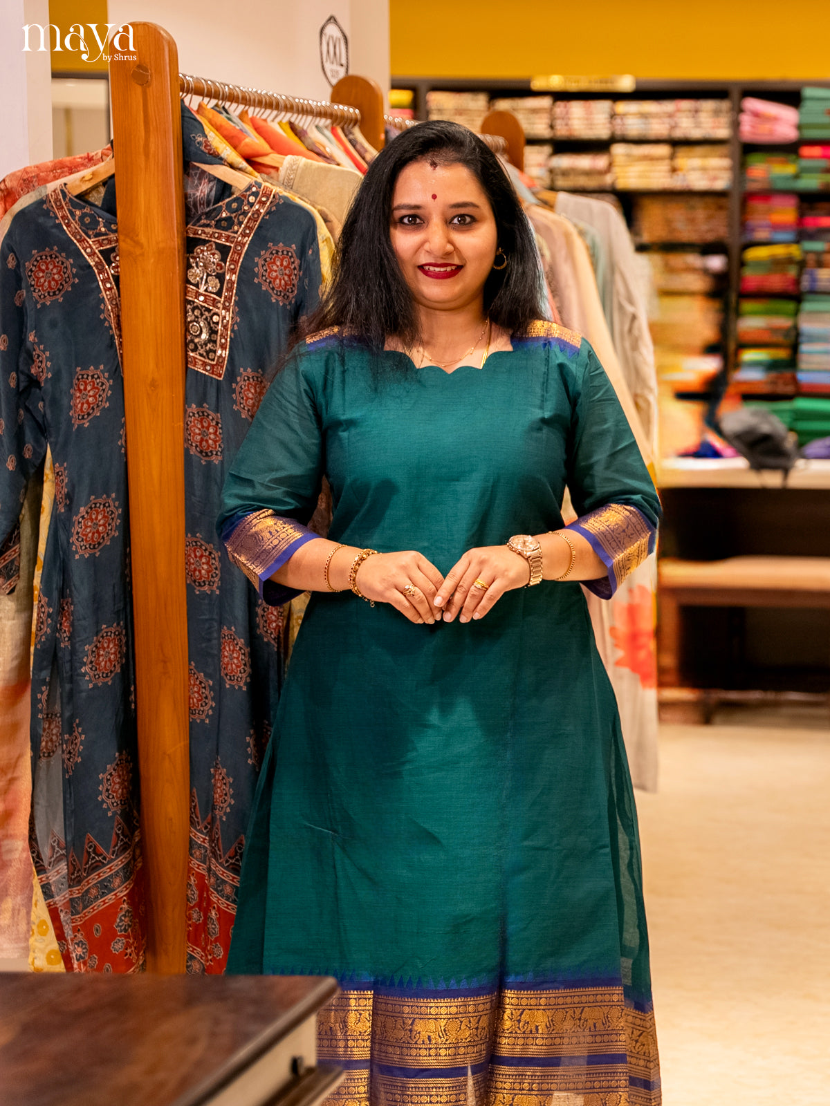Peacock Green & Blue Chettinad Cotton Readymade Kurti