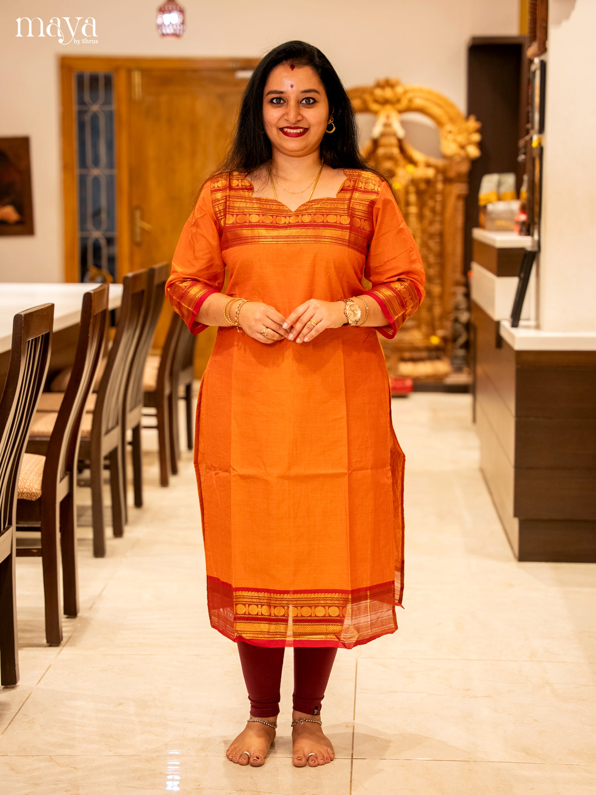 Orange & Red Chettinad Cotton Readymade Kurti