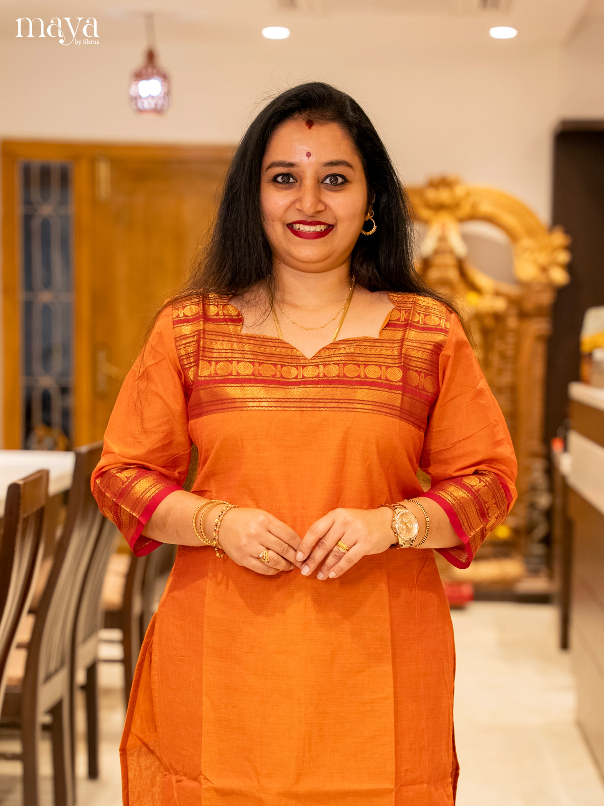 Orange & Red Chettinad Cotton Readymade Kurti