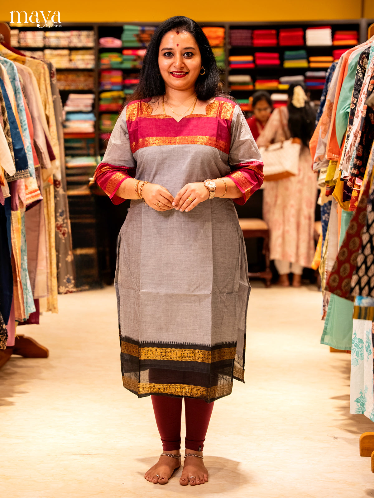 Grey & Black Chettinad Cotton Readymade Kurti