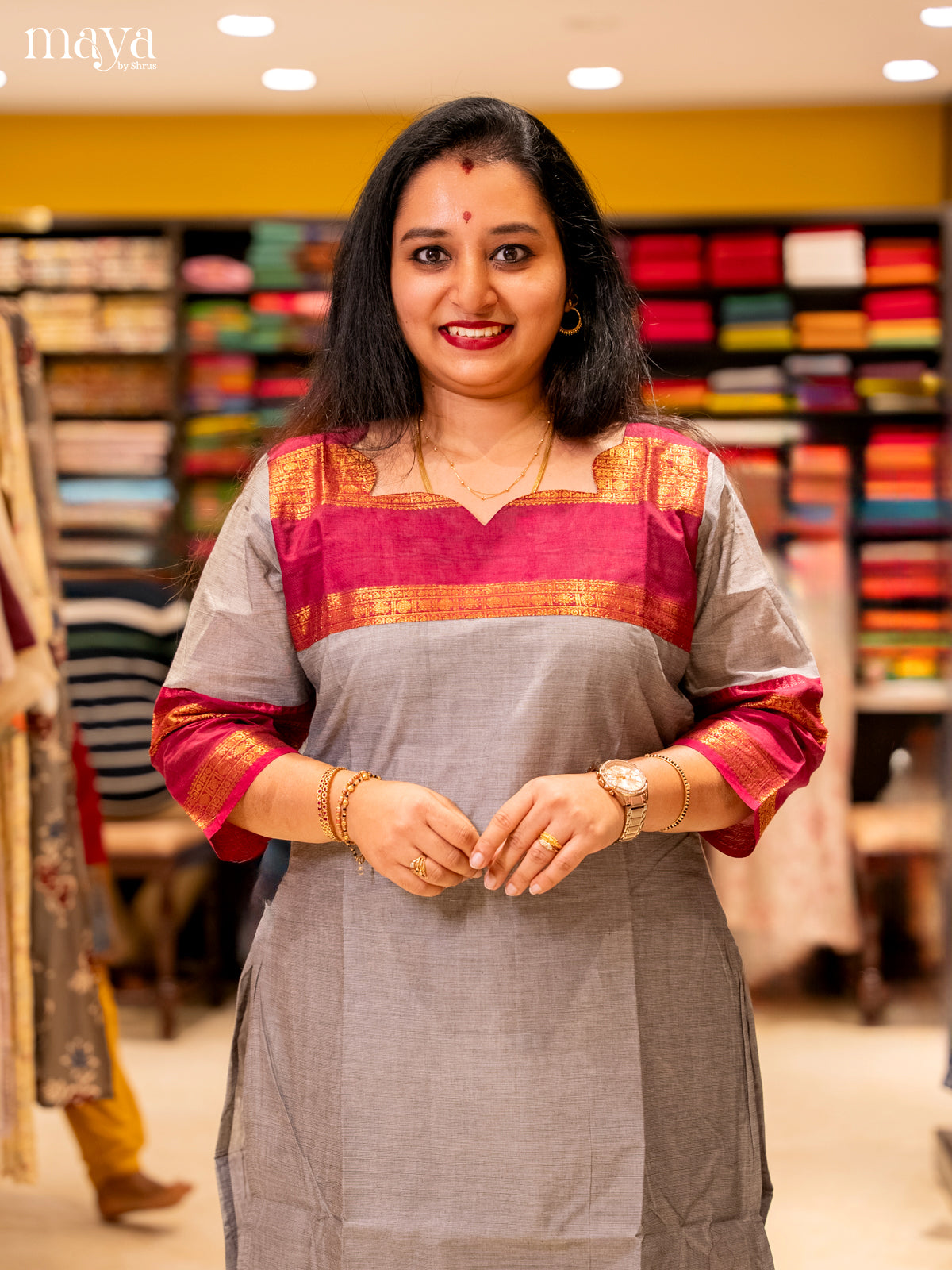 Grey & Black Chettinad Cotton Readymade Kurti