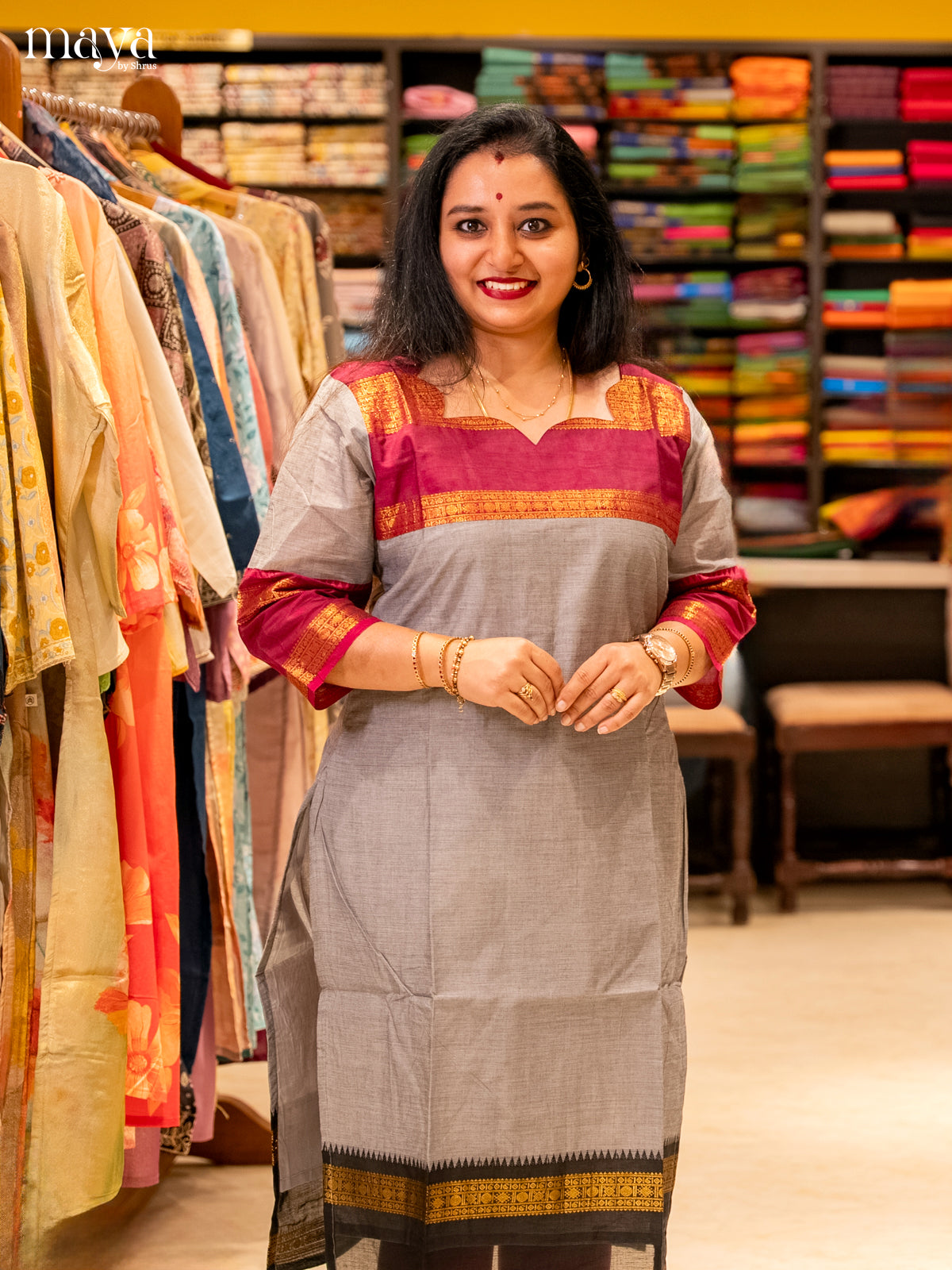 Grey & Black Chettinad Cotton Readymade Kurti