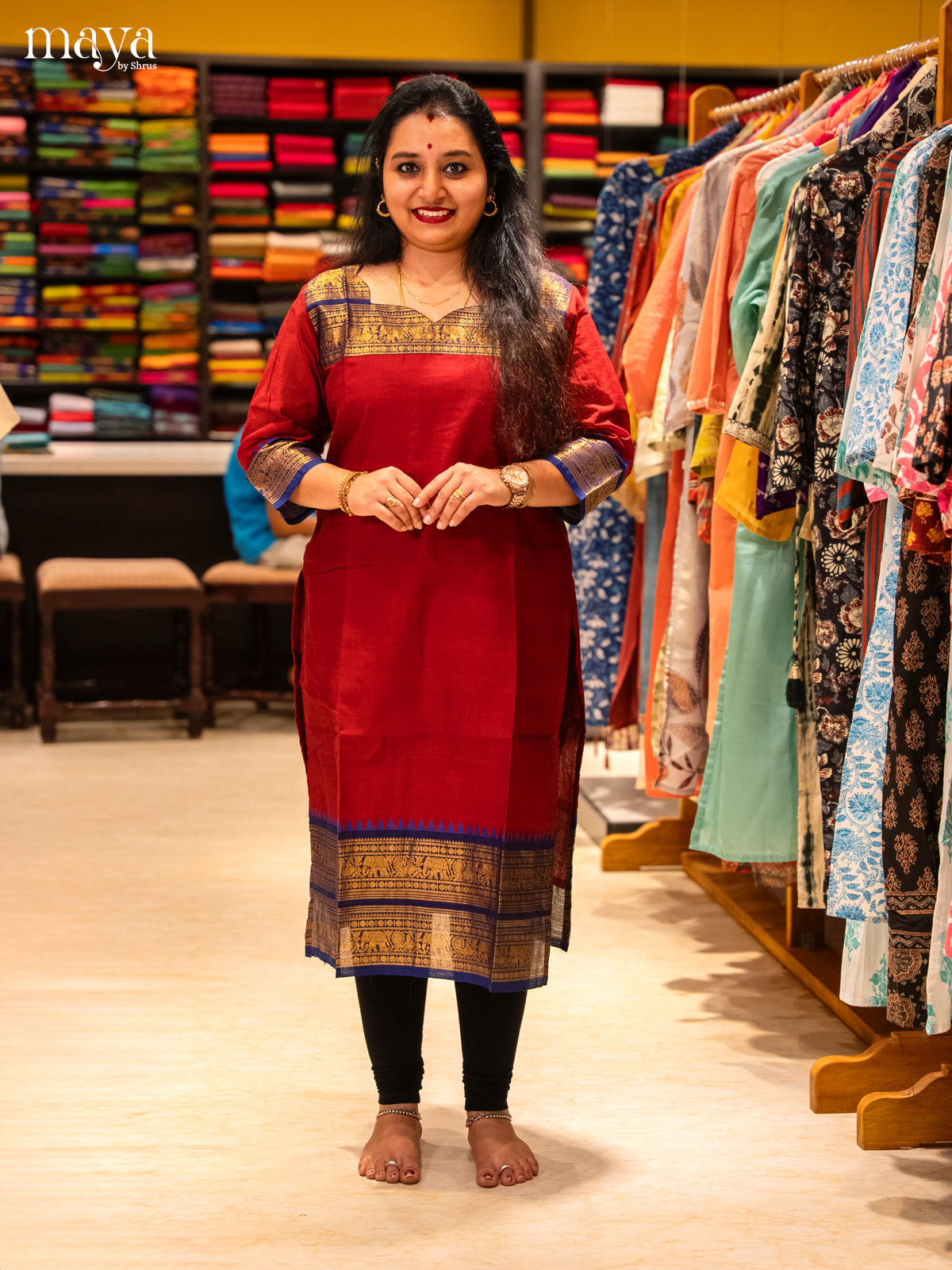 Red & Blue Chettinad Cotton Readymade Kurti
