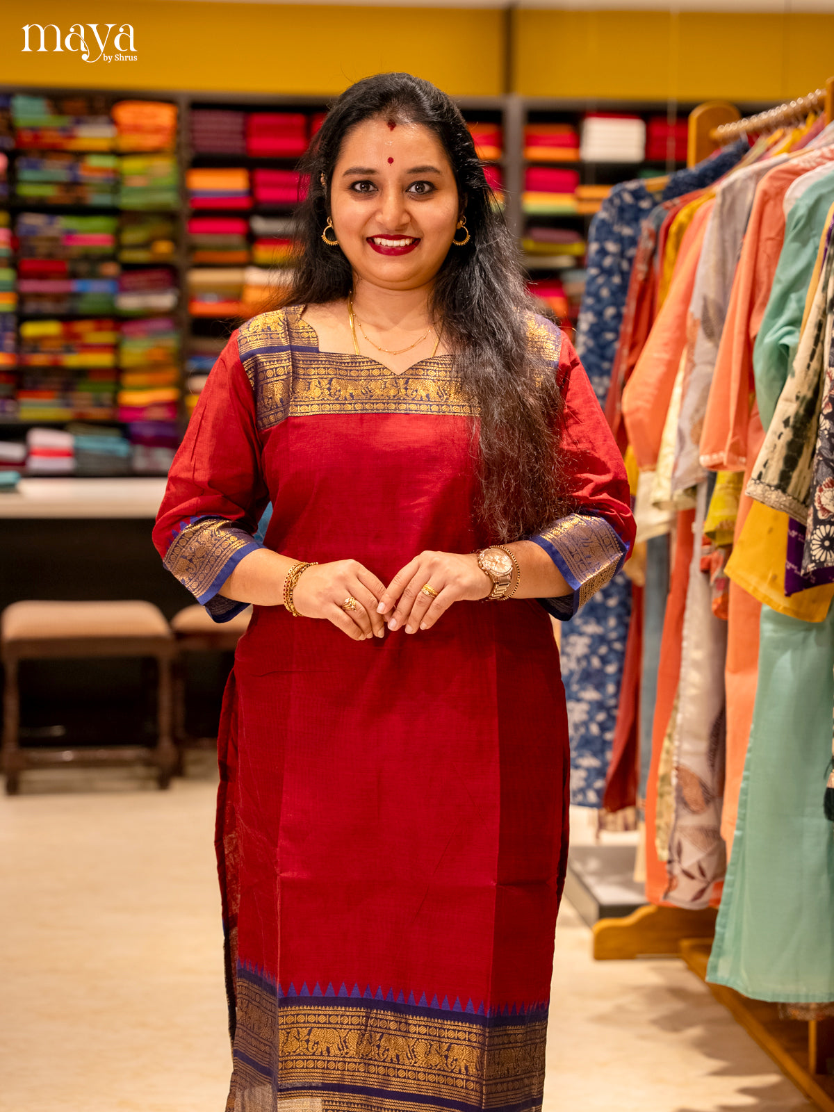 Red & Blue Chettinad Cotton Readymade Kurti